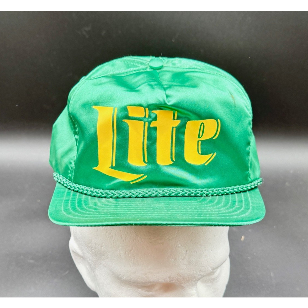 Vintage Miller Lite Beer Hat Green Nylon Taffeta Snapback Rope Cap Nissin Taiwan